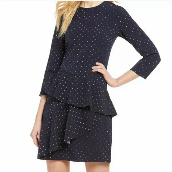 Eliza J Women 10 Navy Blue Polka Dot Tiered Ruffle Dress MIni 3/4 Sleeve Preppy - Picture 1 of 5